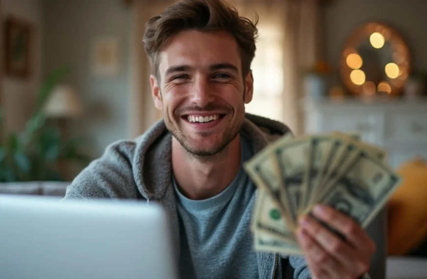 smile man showing money