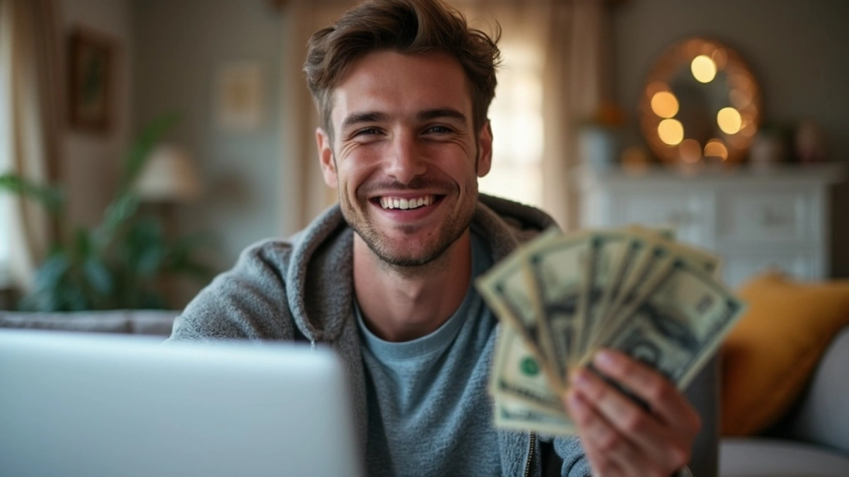 smile man showing money