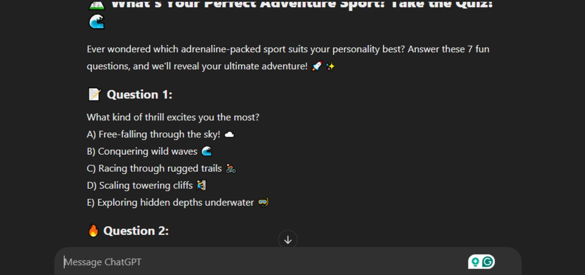 Facebook Post: Interactive Quiz on Choosing the Perfect Adventure Sport ChatGPT