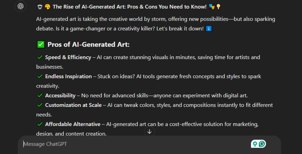 Facebook Post: Pros and Cons of AI-Generated Art ChatGPT