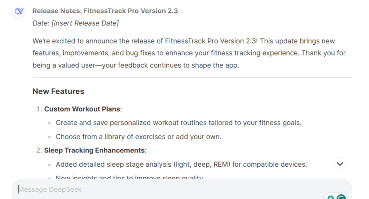 Release Notes for a Mobile App Deepseek